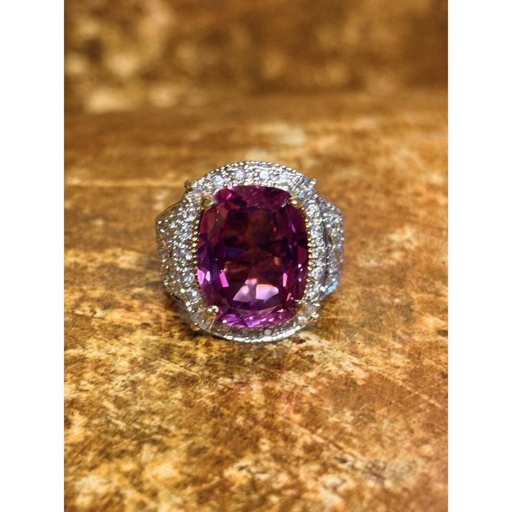 Gold Vermeil over Sterling, Lab Created Pink Sapphire & CZ Cocktail Ring Sz 6 - Picture 3 of 9